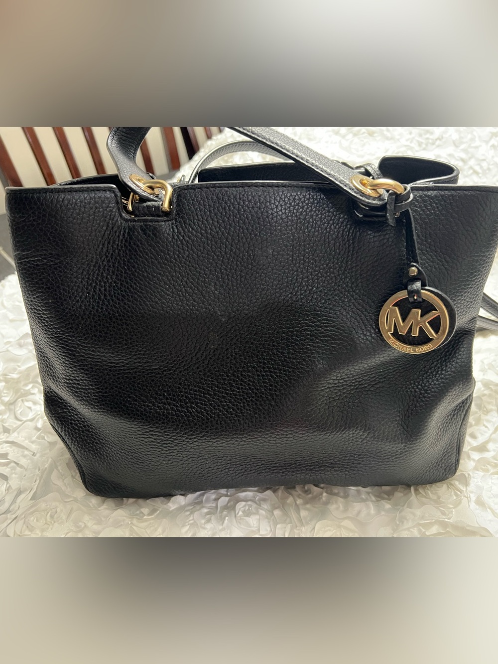 Michael Kors Black Pebbled Leather Shoulder Bag with Gold Hardware
